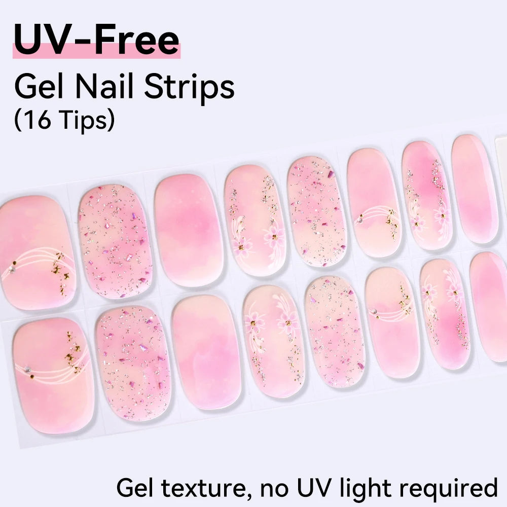 UV FREE Fully Cured Gel Nail Strips 16/22 Tips Self Adhesive Gel Nail Stickers DIY Nail Art Manicure DON'T NEED UV LAMP