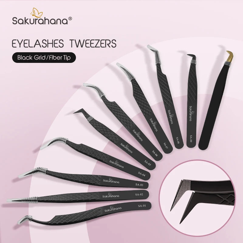 SAKURAHANA High-end Eyelash Tweezers Black Fiber Tip For Lash Extensions Mega Volume Mink Lashes Tool Straight Head Curved Tip