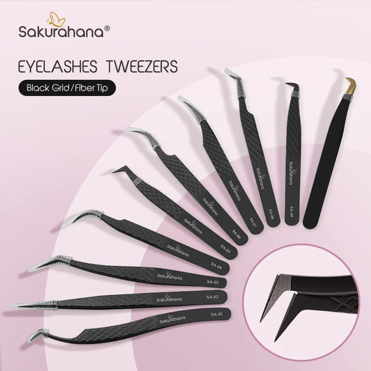 SAKURAHANA High-end Eyelash Tweezers Black Fiber Tip For Lash Extensions Mega Volume Mink Lashes Tool Straight Head Curved Tip