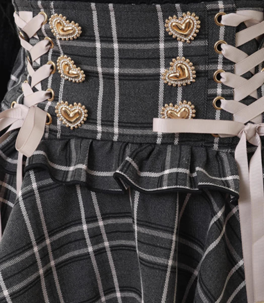 Original Japanese Mines Lolita Strap Skirts Women High Waist and Thin Frilly Pleated Skirt College Style Liz Girl Plaid Skirt