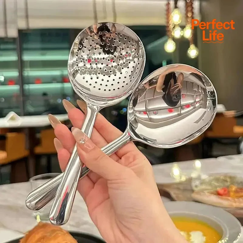 1Pc Stainless Steel Ladles For Serving Soup Rice Serving Spoon Drain Hole Heat Insulated Handle Kitchen Utensils For Daily Use