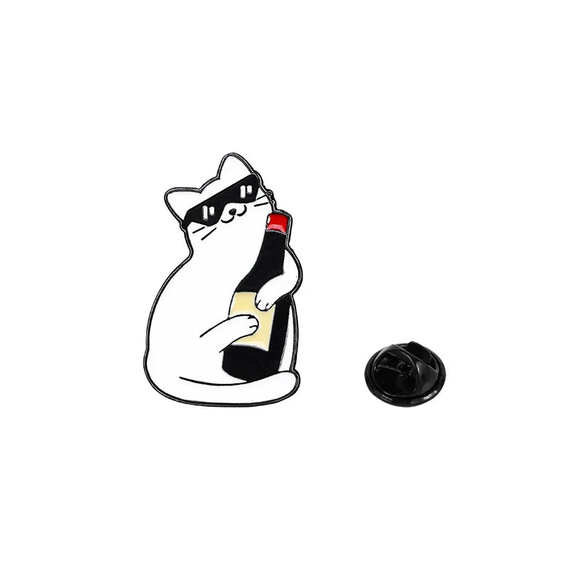 Cartoon white cat brooch, cat red wine, cute backpack, accessories, clothing decorations, zinc alloy badge