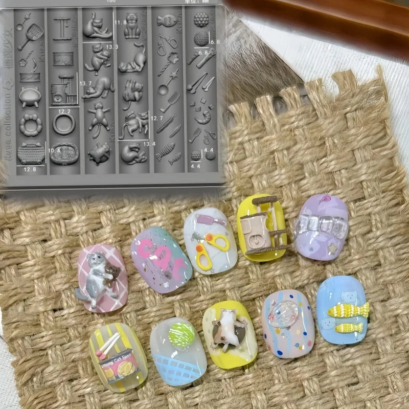 A Cartoon Silicone Nail Art Mold, Cute Cat Headgear, Hat, Pillow, Kindergarten 3D Nail Art Mold