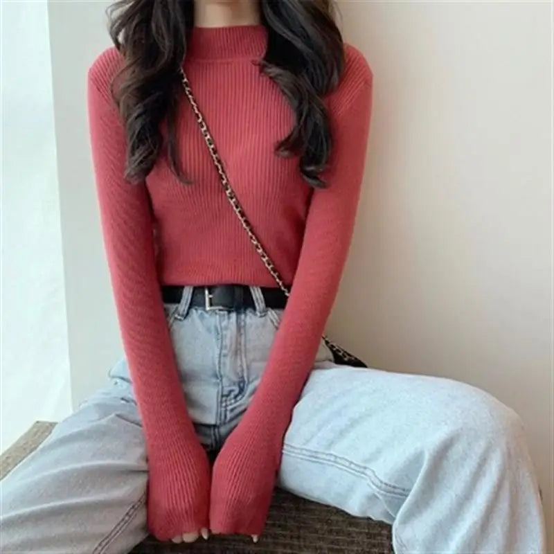 zjaiss 2026 Autumn Basic Bottoming Sweater Top Women Ribbed Soft Mock Neck Elastic Pullover Warm Solid Color Slim Jumper