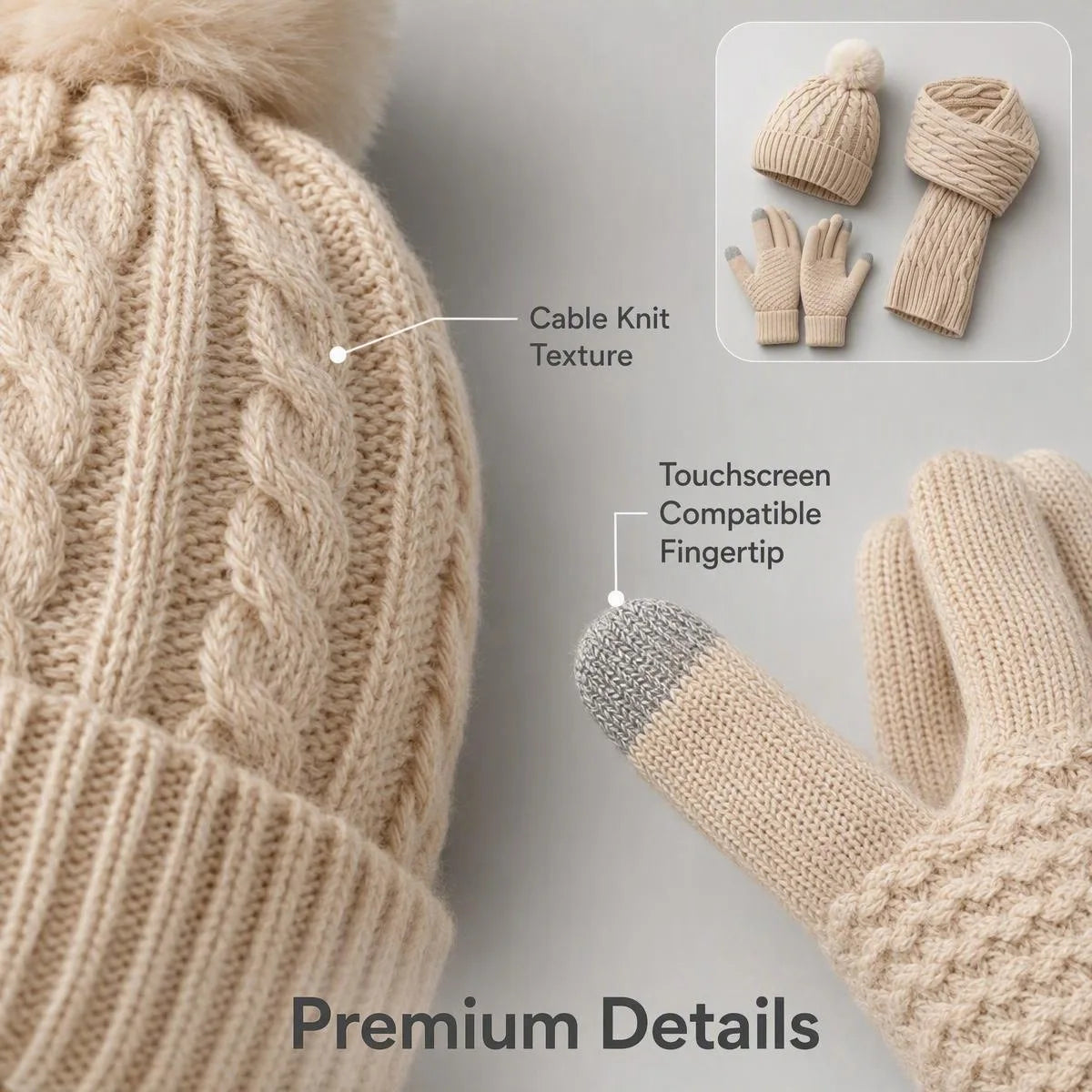 Women Winter 3Pcs Set Pom Pom Beanie Hat Scarf Touch Screen Gloves Sequin Knitted Warm Outdoor Accessories Christmas Gifts