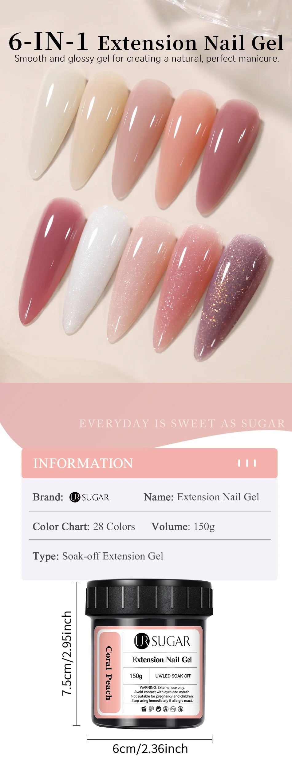 UR SUGAR 150g Soft Pink Quick Builder Nail Gel 6 IN 1 Acrygel For Nails Extension Constuction Self Leveling Soak Off UV LED Gel