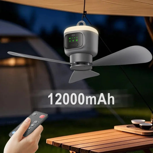 Portable Hanging Fan, Rechargeable Remote Fan with LED Light, Air Circulator for Camping Tent & Dorm