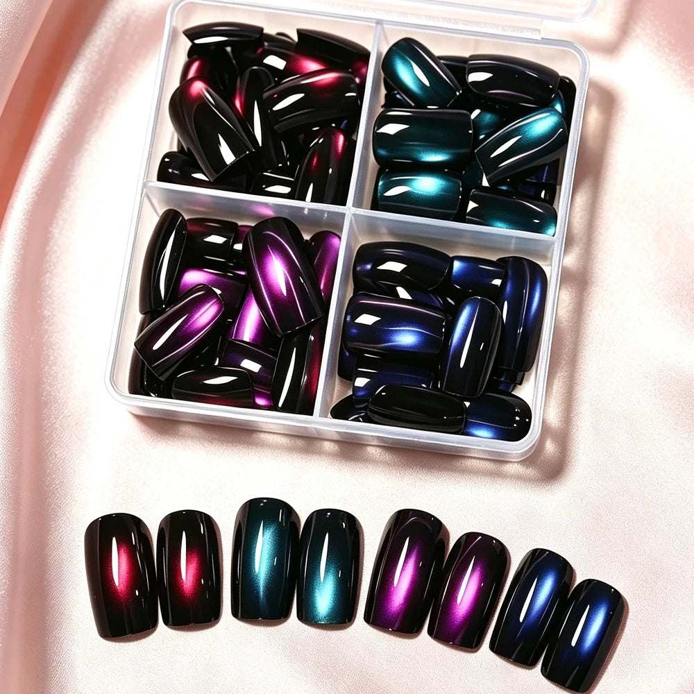 96pcs/box Short Square Cat Eye Press On Nails 4colors Glossy Glitter Cat Eye French Fake Nails Full Cover Acrylic Fake Nails Y2K