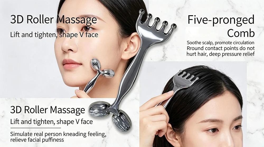 Stainless Steel Face Roller & Gua Sha, Facial Massager with Scalp Comb, Skin Lifting & Puffiness Reducing Massage Tools for Face