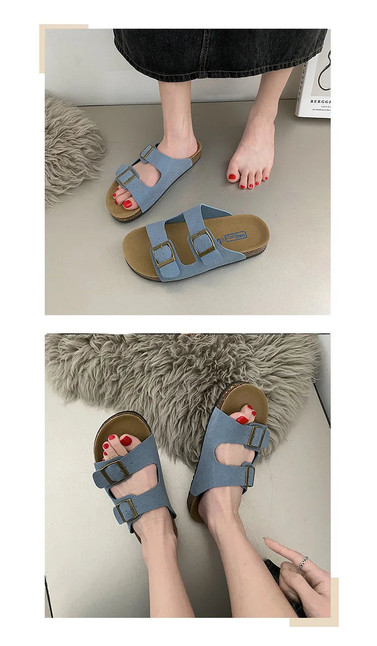 Comwarm Men's Cork Footbed Slides Sandals Arch Support Summer Outdoor Sandals with Adjustable Buckle Leisure Men Leather Slides