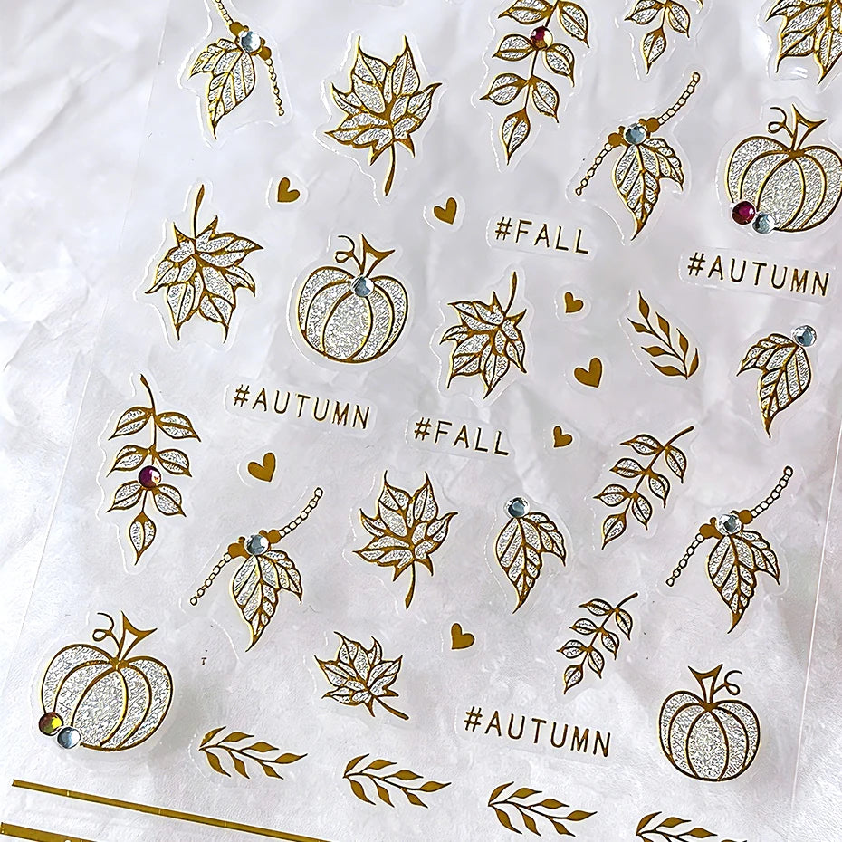 2pcs Golden Pumpkin Maple Leaf Nail Stickers Shiny Nail Art Decals Autumn Fall Mini Heart Leaves Manicure Decoration Accessories