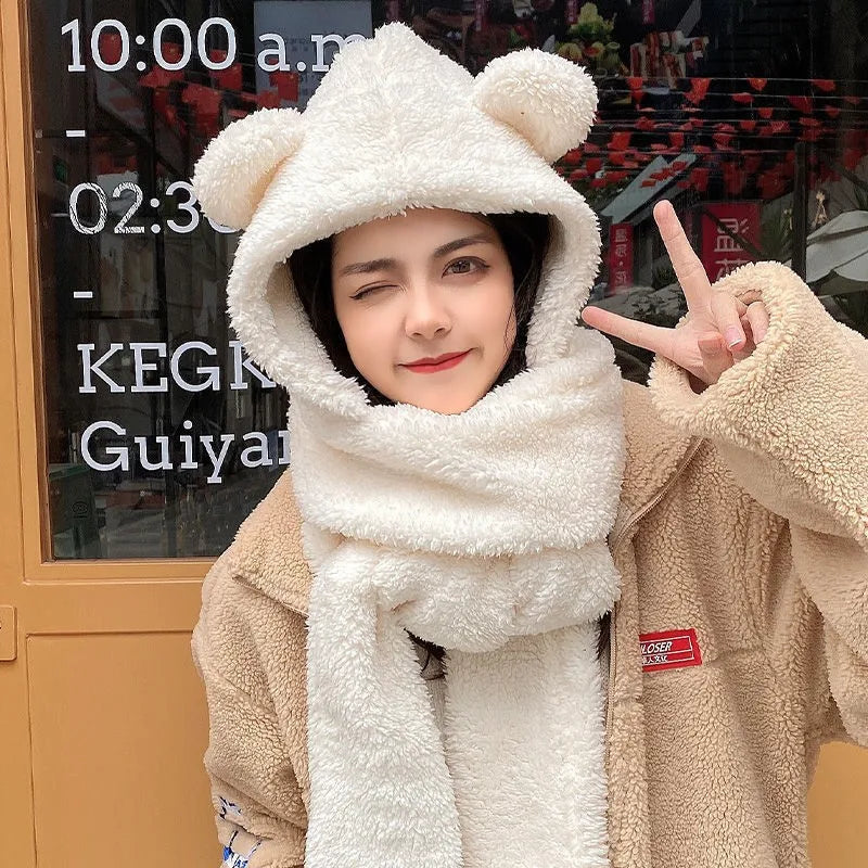 Winter Bear Earmuffs Scarf Mittens Set Thermal Plush Fleece Lined Connected Hat with Scarf and Gloves for Cold Weather Girls