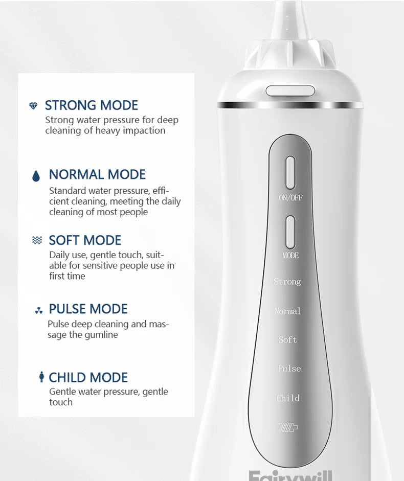 Oral Irrigator Fairywill Water Flosser 5 Modes Portable Dental Water Jet 350ML Water Tank Teeth Cleaner USB Charge Waterproof
