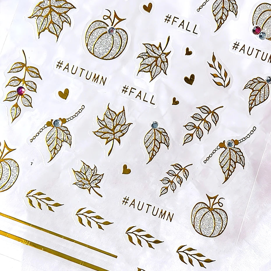 2pcs Golden Pumpkin Maple Leaf Nail Stickers Shiny Nail Art Decals Autumn Fall Mini Heart Leaves Manicure Decoration Accessories