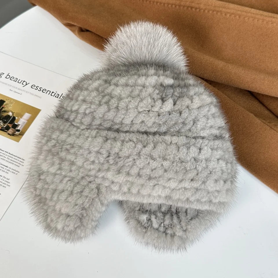 New Winter Ladies Real Mink Fur Hat Warm Thickened Ear Protection Knitted Cap Ladies Winter Fashion Accessories
