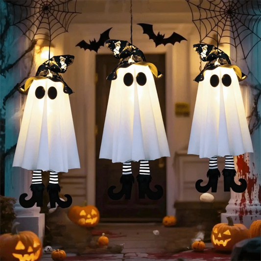 Scary Luminous Halloween Hanging Ghost Floating Flashing LED Specter with Witch Hat Halloween Hanging Ornament Outdoor