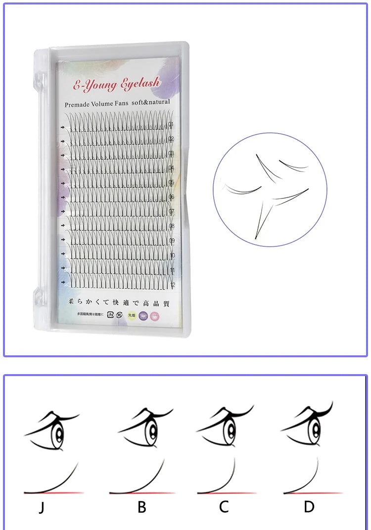E-young 2d Premade Lashes Volume Fans Short Stem C/D Curl 0.1mm Natural False Eyelashes Extensions Premade Fans Wholesale Makeup
