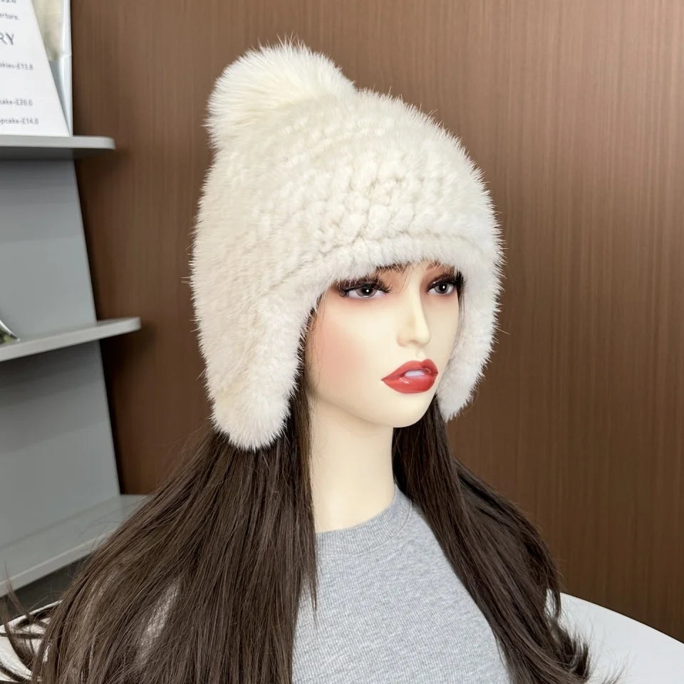 New Winter Ladies Real Mink Fur Hat Warm Thickened Ear Protection Knitted Cap Ladies Winter Fashion Accessories