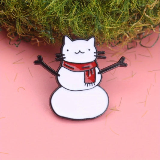 Snowman Cat Enamel Pin - Red Scarf Winter Kitty | Kawaii Christmas Accessories for Coat/Bag Snowman cat enamel-Brooch