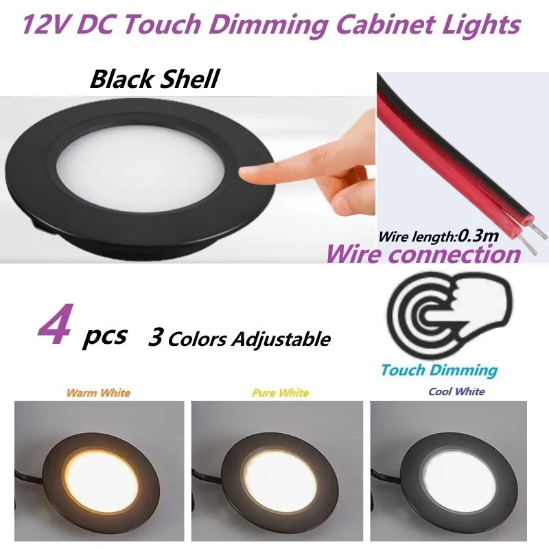 Φ68mm 12V DC Touch Dimming Cabinet Lights,3Colors Dimmer LED Down Lamp, Embedded Installation with Shrapnel for Camper,Yacht,RV