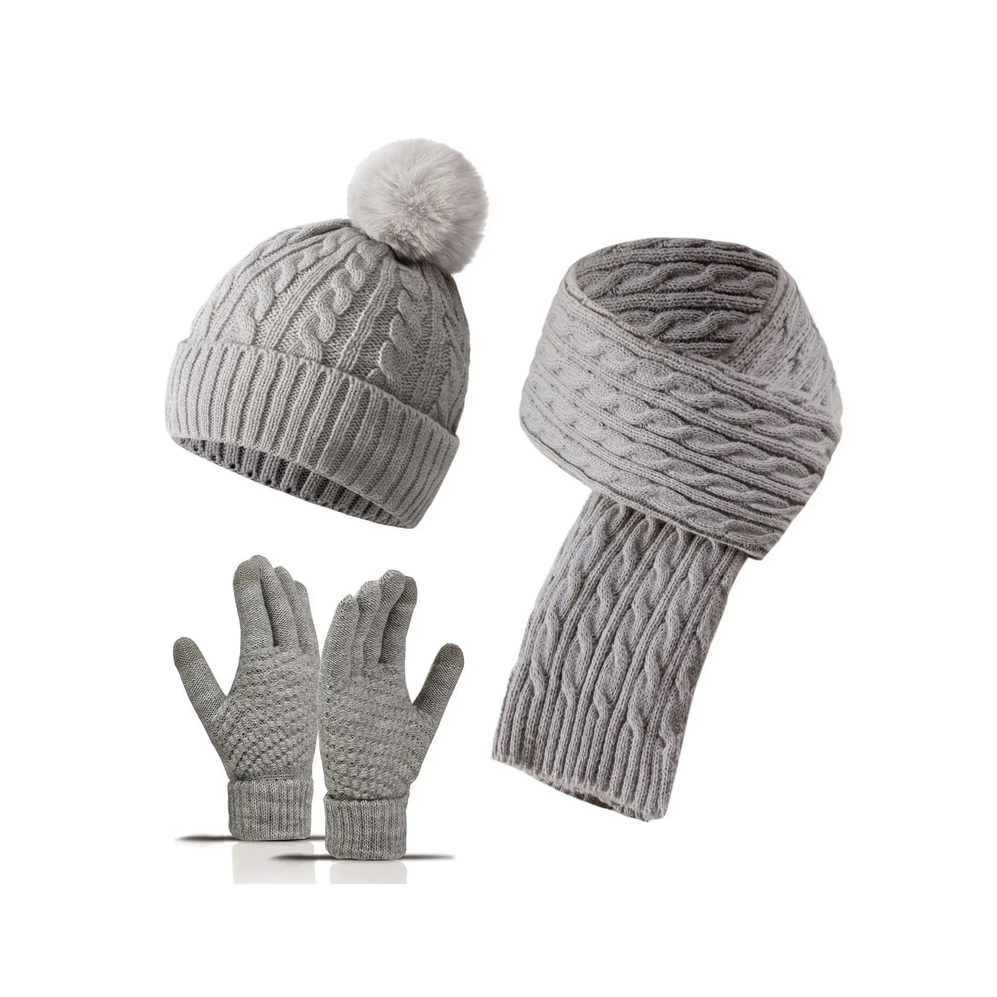 Women Winter 3Pcs Set Pom Pom Beanie Hat Scarf Touch Screen Gloves Sequin Knitted Warm Outdoor Accessories Christmas Gifts
