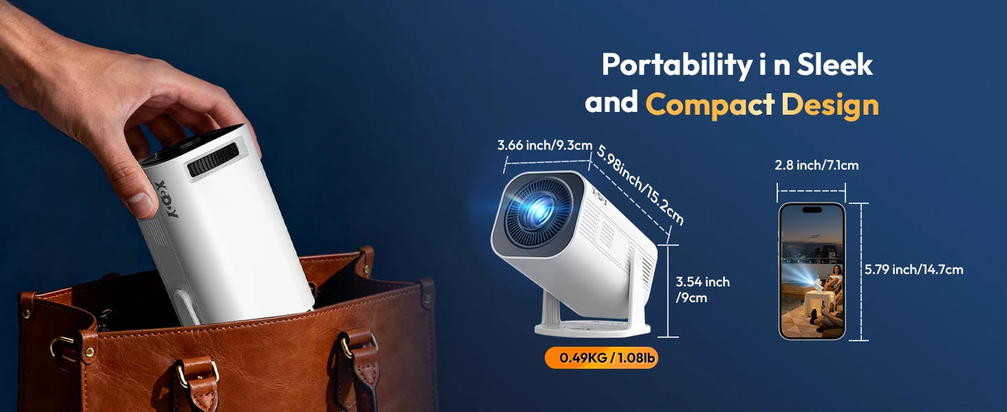 XGODY Gimbal 3 Pro Mini Smart Projector, 300 ANSI, Native 720P, Android 14, WiFi 6 & BT 5.4, Auto Keystone Correction, Wireless Screen Mirroring, 20-120 Inch HD Home Theater Projector for Bedroom Movies Gaming, Support HDMI U
