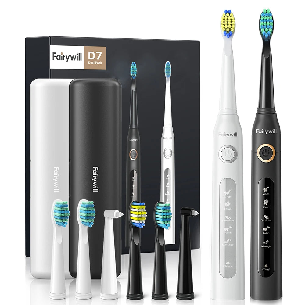 Fairywill Sonic Electric Toothbrush FW-D7 Set USB Charge Toothbrushes Case for Adult with Tooth Brush Heads 5 Mode Smart Time
