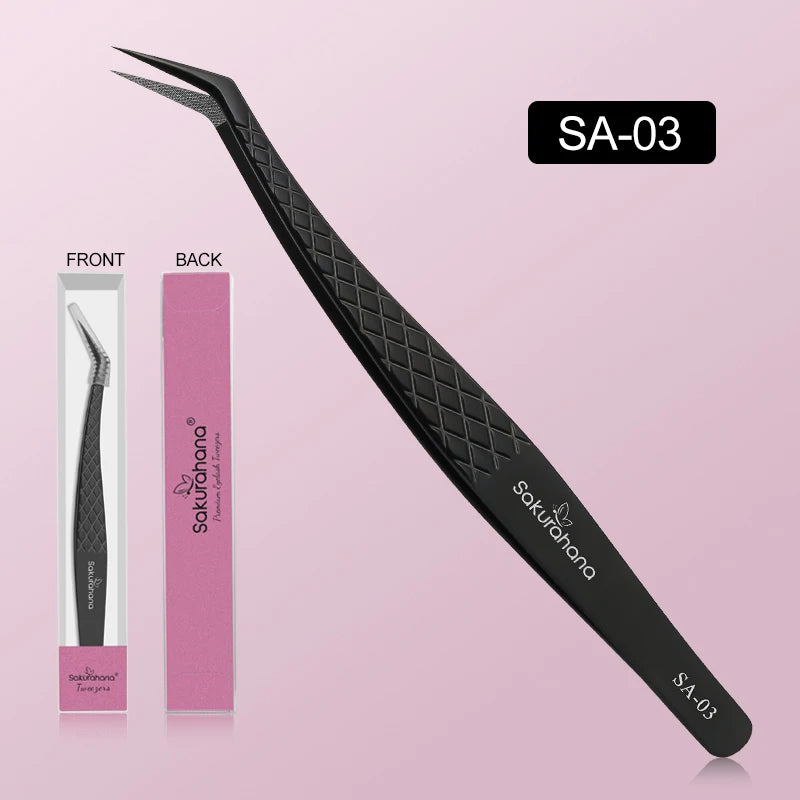 SAKURAHANA High-end Eyelash Tweezers Black Fiber Tip For Lash Extensions Mega Volume Mink Lashes Tool Straight Head Curved Tip