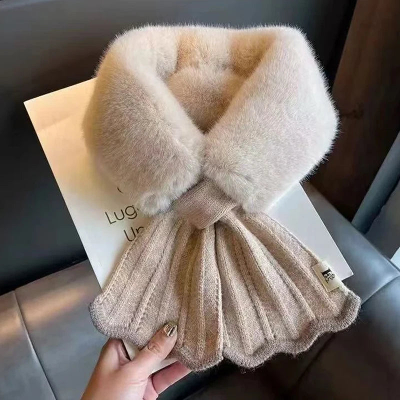 Winter Warm Cross Collar Women Scarf; Plush Thick Imitation Rabbit Fur; Windproof Neck Warmer for Outdoor Cycling