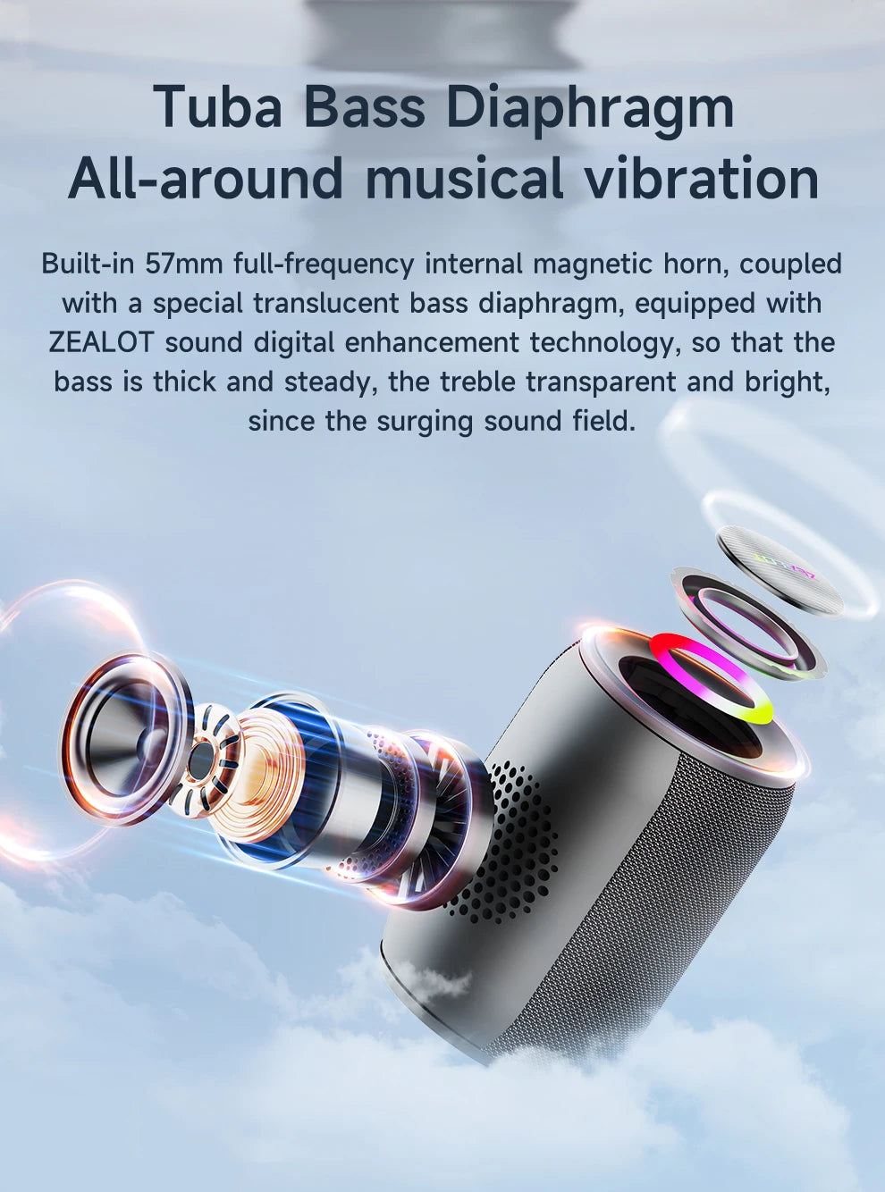 ZEALOT-S32PRO Powerful Bluetooth Speaker, Bass Wireless, LED Light, Outdoor Speakers, Subwoofer, Waterproof Sound Box Support