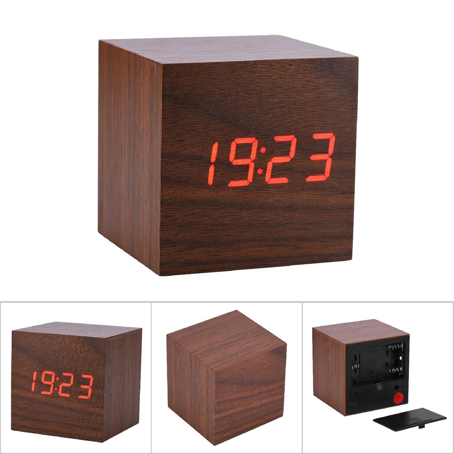 Wooden Digital Alarm Clock with LED Display Voice-activated or constant-on mode Powered by 3 AAA batteries or USB power cable