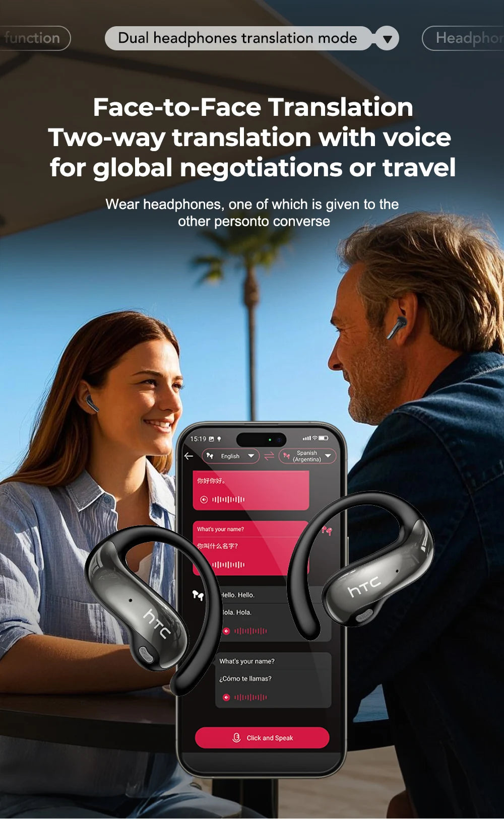 HTC Original NE19 AI Translate Bluetooth Earphones OWS Open Ear Business Travel Wireless Headphones Music Stereo Sound Earbuds