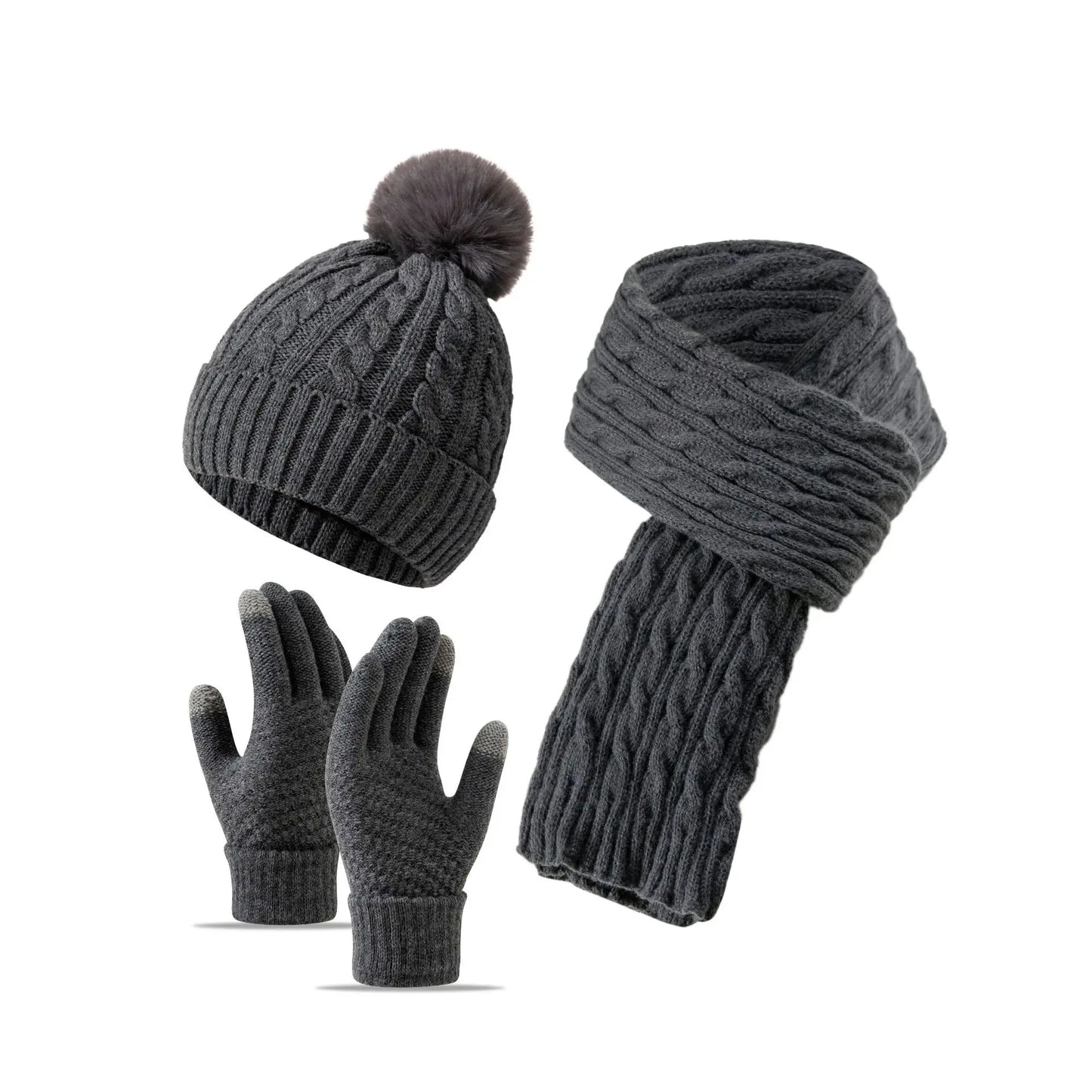 Women Winter 3Pcs Set Pom Pom Beanie Hat Scarf Touch Screen Gloves Sequin Knitted Warm Outdoor Accessories Christmas Gifts