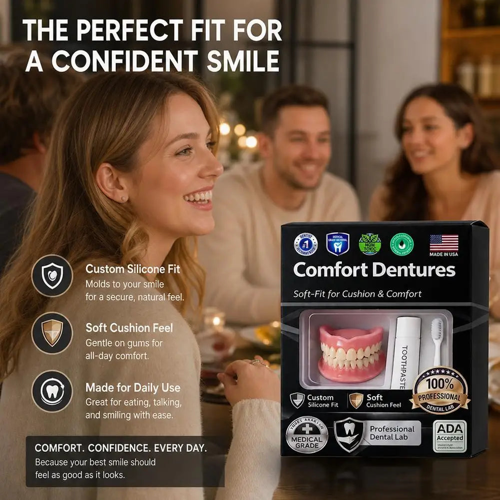 Moldable Silicone Denture Set, Upper & Lower Natural Ivory False Teeth Kit, Instant Smile with Toothbrush & Toothpaste