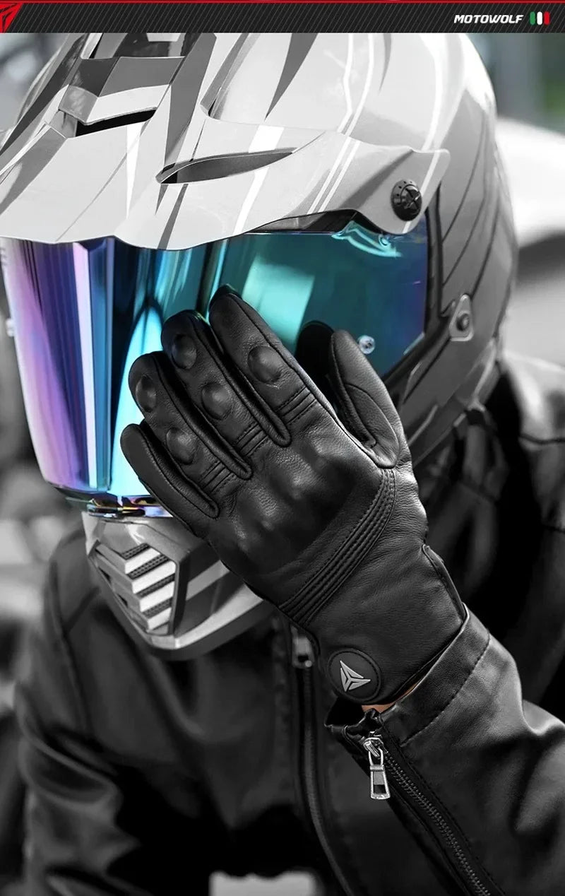 Motowolf Winter Motorcycle Bike Warmer Gloves Windproof Thermal Touch Screen for Men Women Genuine Leather Riding Accessories