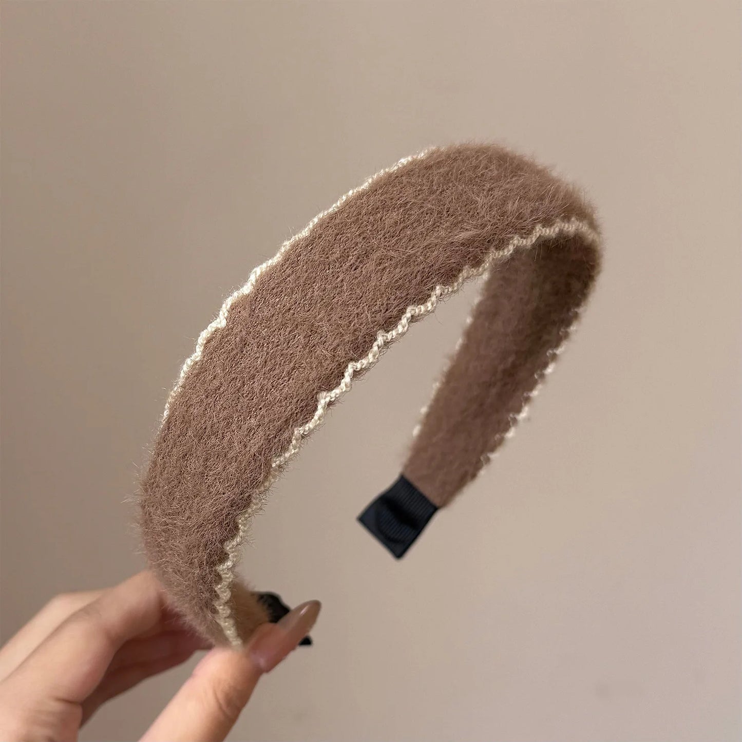 Autumn Winter Plush Ribbon Headbands Black White Cashmere Knit Hairband Women's Elegant Hair Accessories Warm Headwrap Non-slip