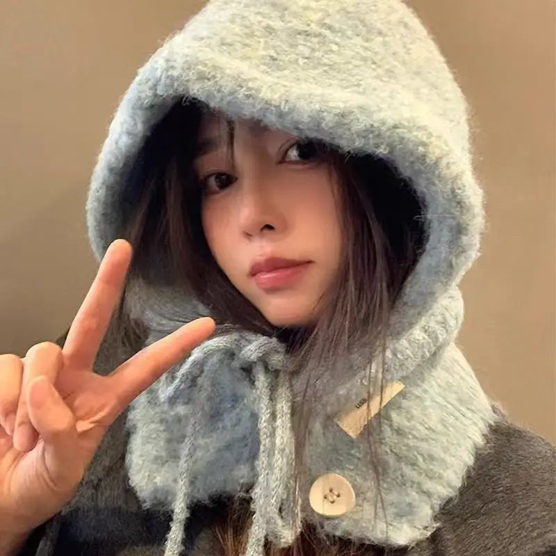 Luxury Winter Knitted Balaclava 1pcs Thicken Hat Neckerchief Winter Accessories Hooded Hat Ear Protection Scarf Cap Cold Weather