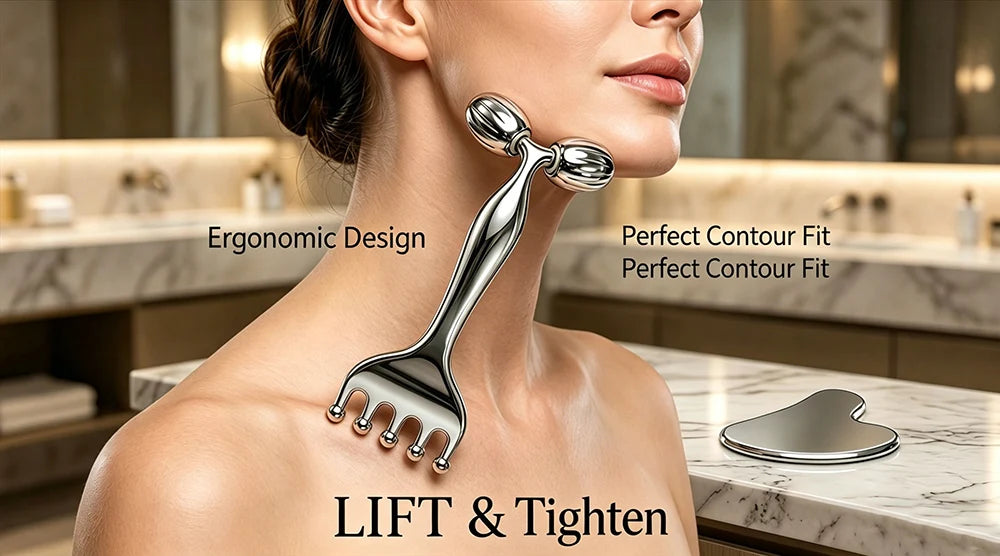 Stainless Steel Face Roller & Gua Sha, Facial Massager with Scalp Comb, Skin Lifting & Puffiness Reducing Massage Tools for Face