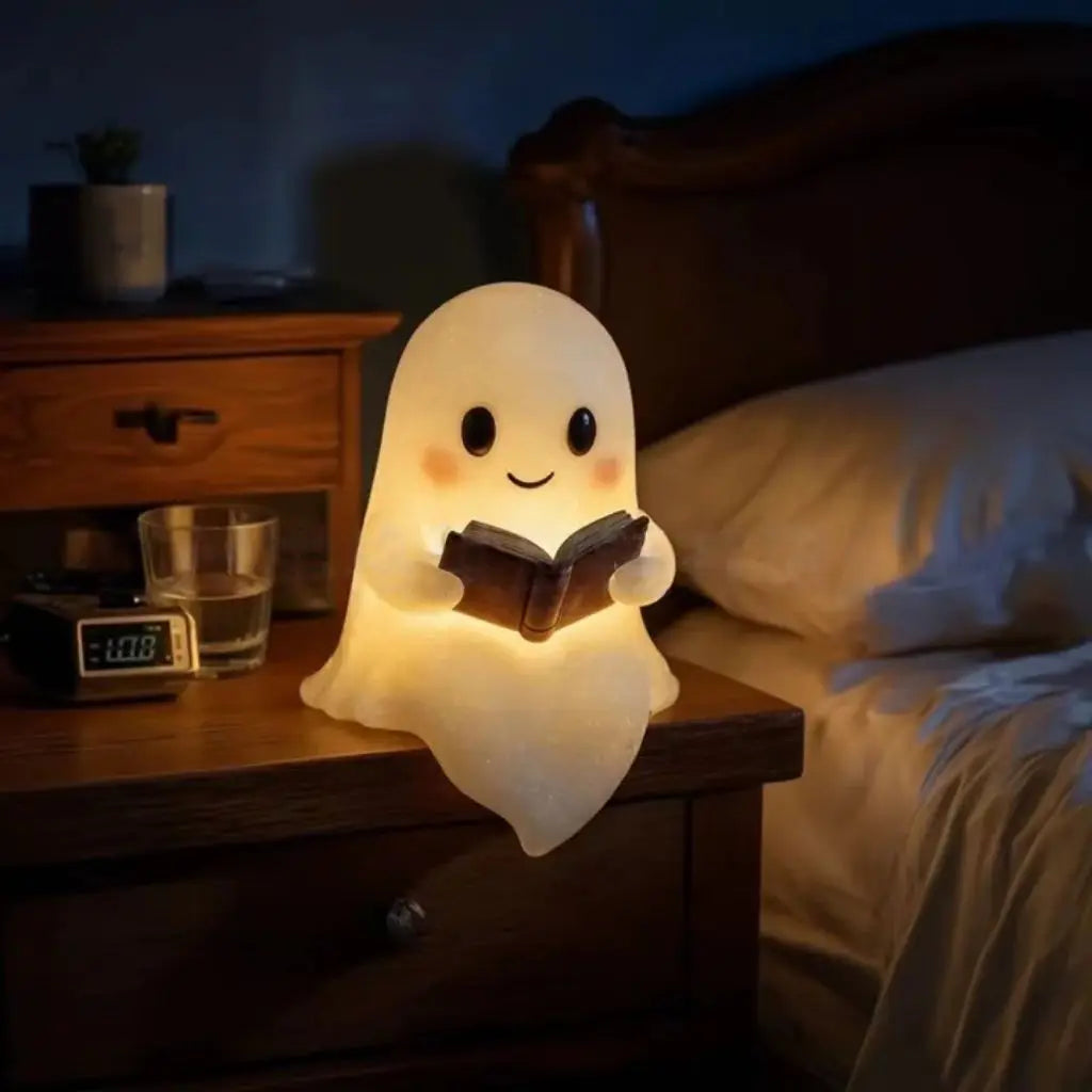 Cute Ghost Reading Book Night Light - Spooky Halloween Decor for Bedroom, Kids Room, Party Ornament, USB Rechargeable LED Lamp