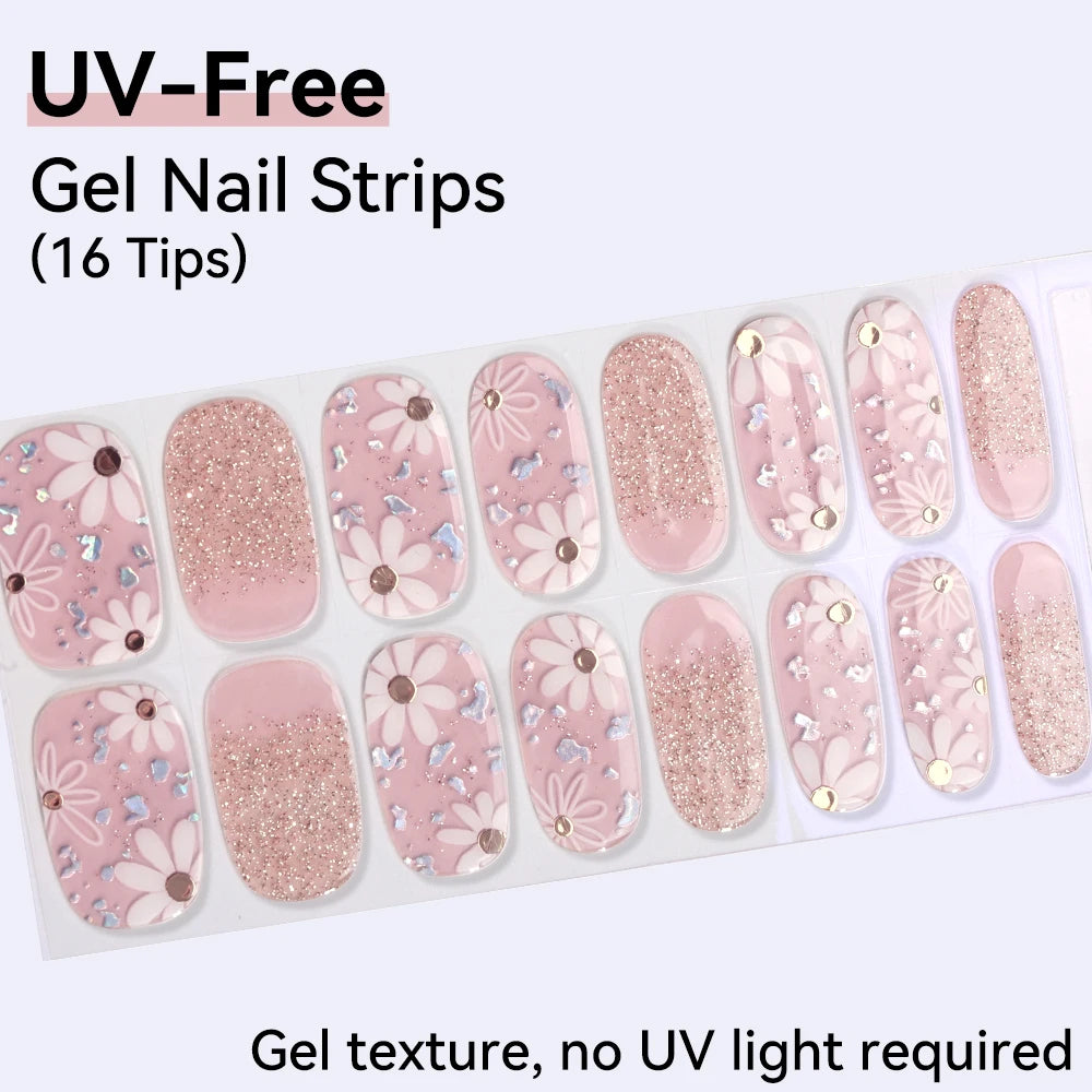 UV FREE Fully Cured Gel Nail Strips 16/22 Tips Self Adhesive Gel Nail Stickers DIY Nail Art Manicure DON'T NEED UV LAMP