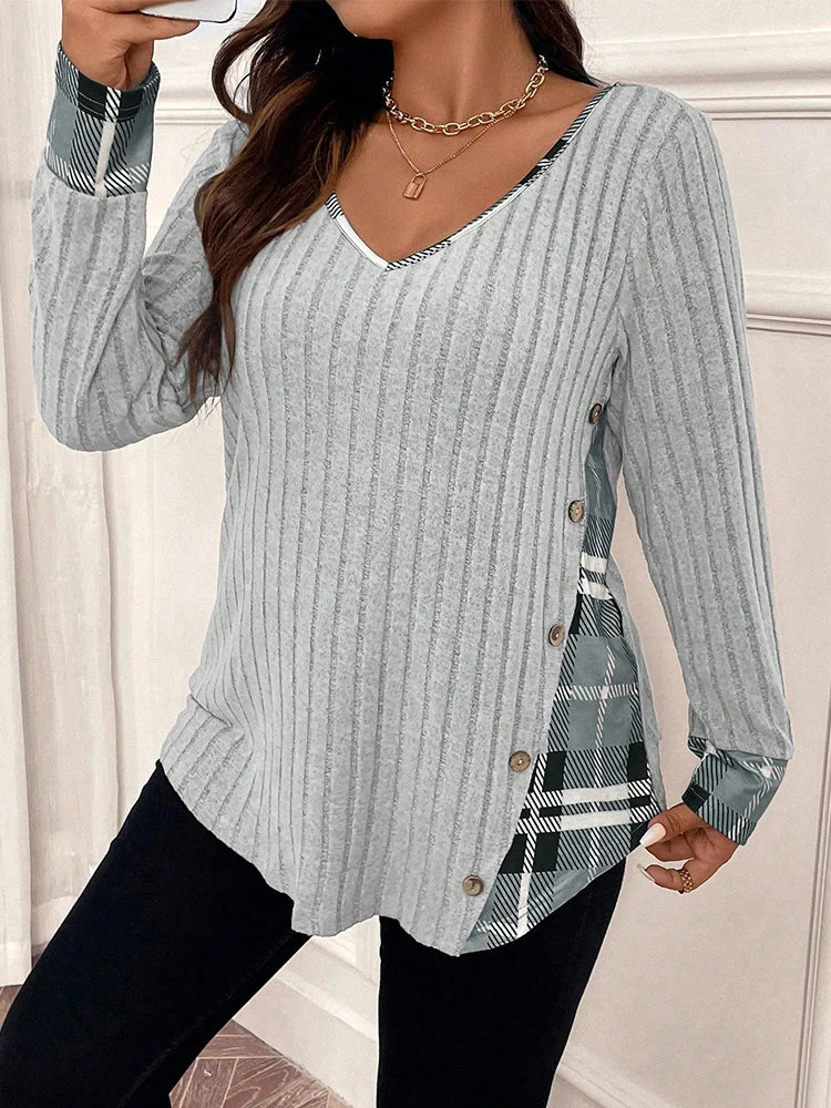 Clearance Plus Size Women's Sweater Winter Large Size Color Block V-Neck Pullover Warm Big Size Female Clothing Strip Splice Top