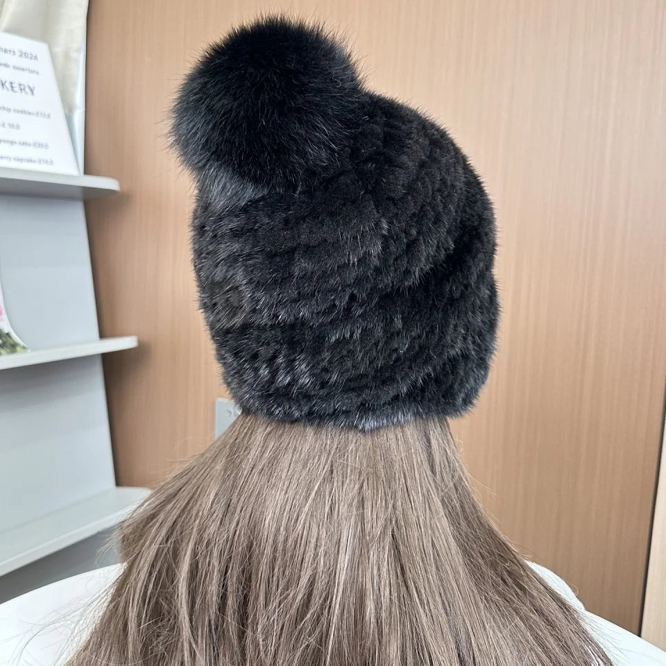 New Winter Ladies Real Mink Fur Hat Warm Thickened Ear Protection Knitted Cap Ladies Winter Fashion Accessories