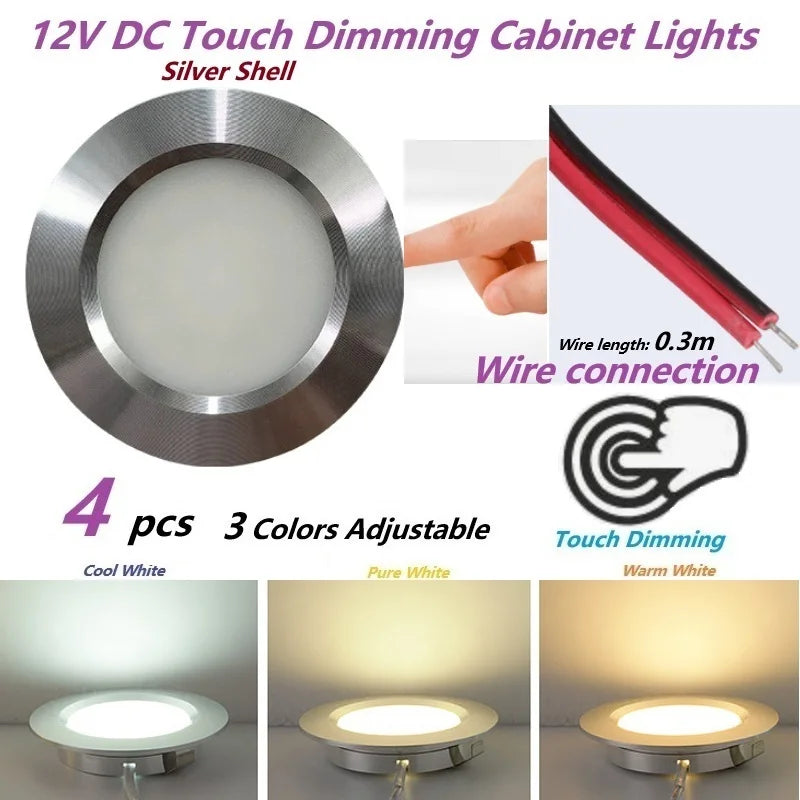 Φ68mm 12V DC Touch Dimming Cabinet Lights,3Colors Dimmer LED Down Lamp, Embedded Installation with Shrapnel for Camper,Yacht,RV