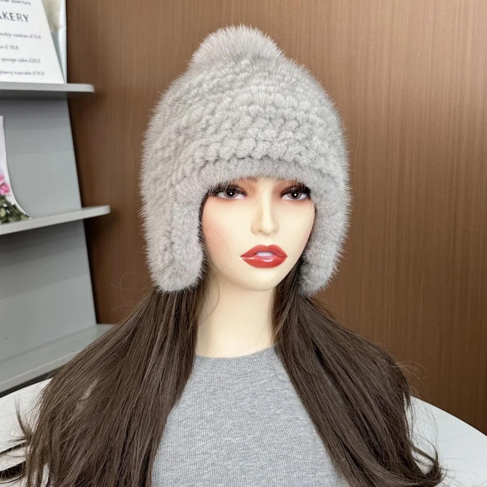 New Winter Ladies Real Mink Fur Hat Warm Thickened Ear Protection Knitted Cap Ladies Winter Fashion Accessories