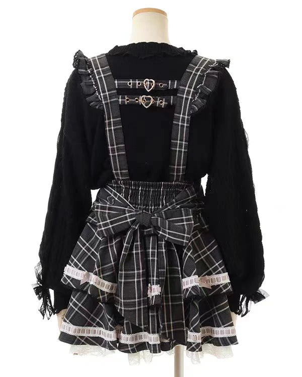 Original Japanese Mines Lolita Strap Skirts Women High Waist and Thin Frilly Pleated Skirt College Style Liz Girl Plaid Skirt