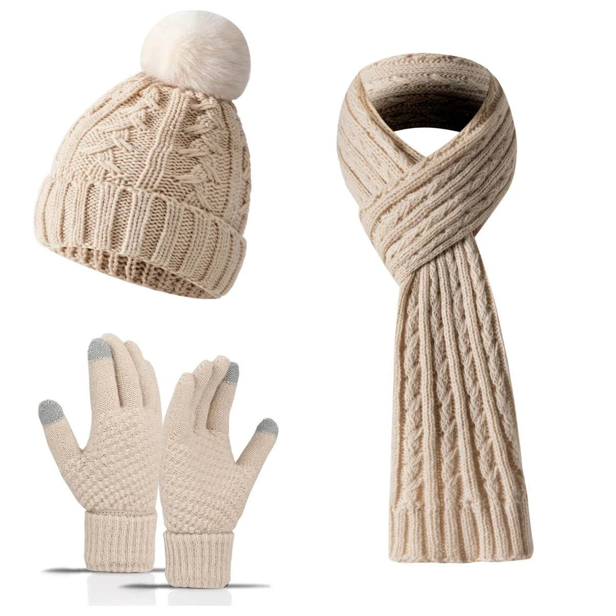 Women Winter 3Pcs Set Pom Pom Beanie Hat Scarf Touch Screen Gloves Sequin Knitted Warm Outdoor Accessories Christmas Gifts