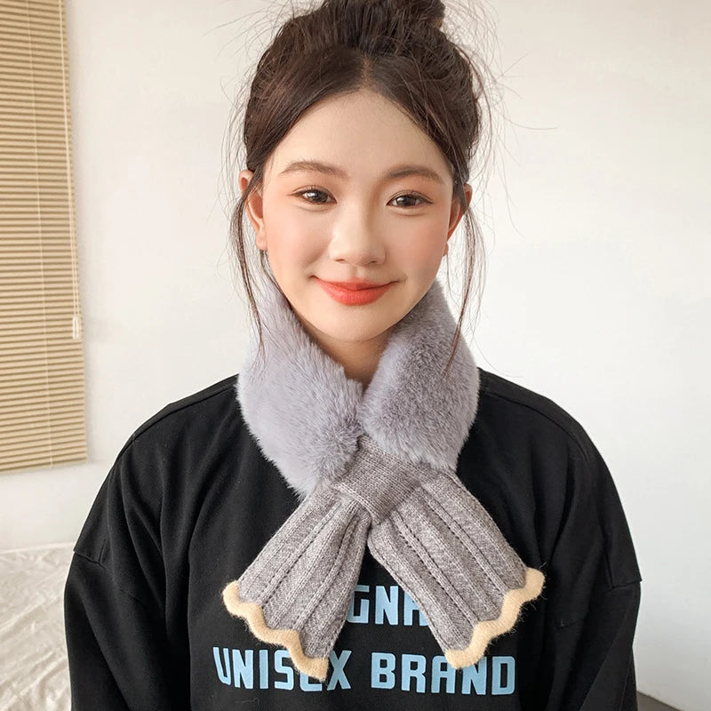 Winter Warm Cross Collar Women Scarf; Plush Thick Imitation Rabbit Fur; Windproof Neck Warmer for Outdoor Cycling
