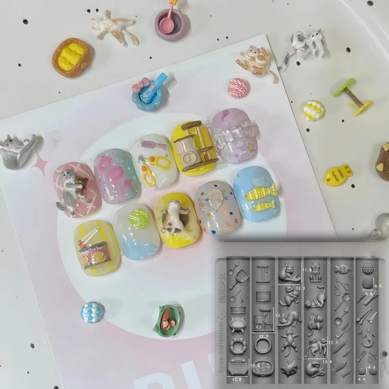 A Cartoon Silicone Nail Art Mold, Cute Cat Headgear, Hat, Pillow, Kindergarten 3D Nail Art Mold