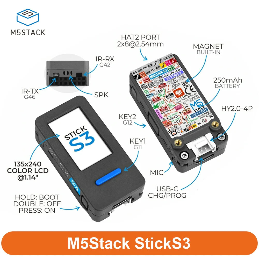 M5Stack StickS3 ESP32S3 Development Board 1.14 LCD WiFi Bluetooth for Smart Home Remote Control IoT Applications