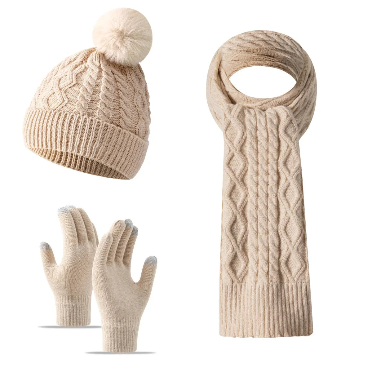 Women Winter 3Pcs Set Pom Pom Beanie Hat Scarf Touch Screen Gloves Sequin Knitted Warm Outdoor Accessories Christmas Gifts